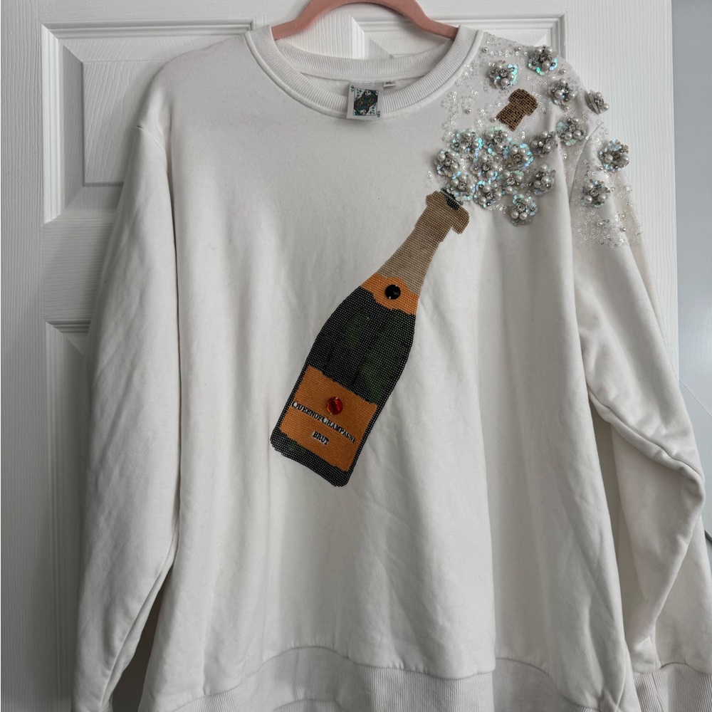 QUEEN OF SPARKLES White Sweatshirt with Champagne Bottle Design